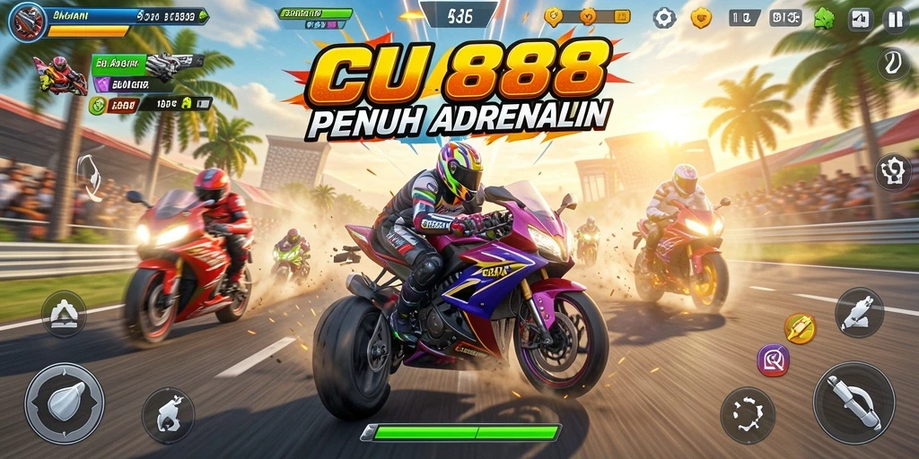 Screenshot gameplay menegangkan di CU888 saat balapan motor.