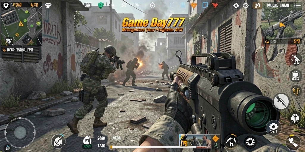 Screenshot gameplay DAY777 menampilkan aksi memukau dalam pertempuran FPS.