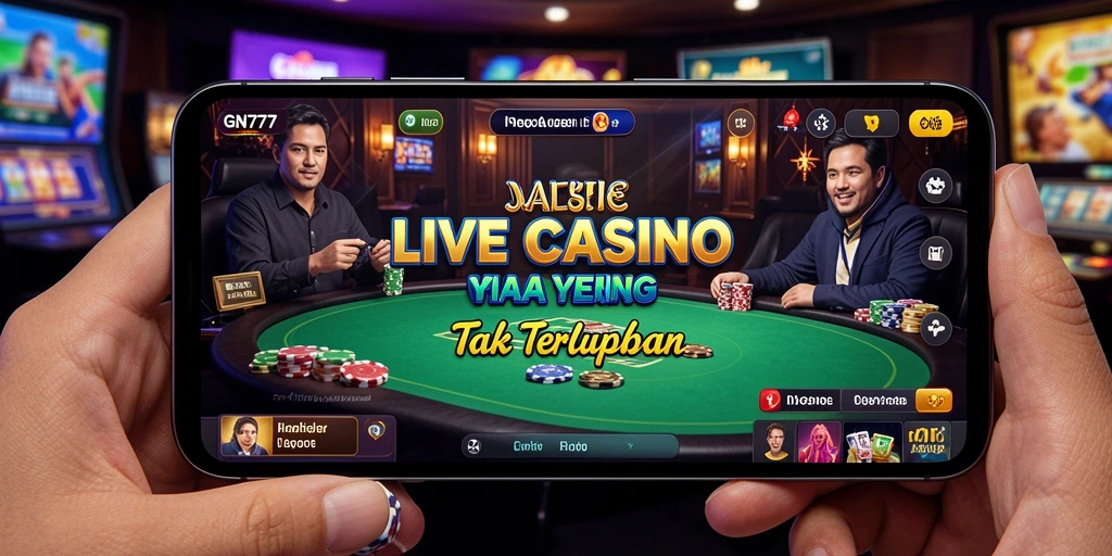 Screenshot gameplay GN777 menampilkan dealer langsung yang ramah dalam suasana kasino.