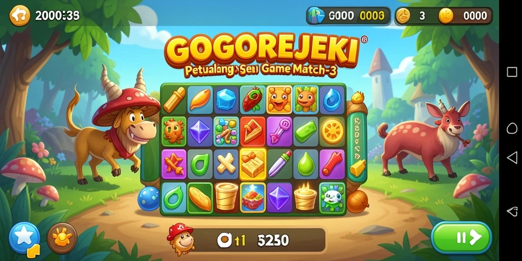 Screenshot utama GOGOREJEKI menampilkan gameplay Match-3 yang seru.