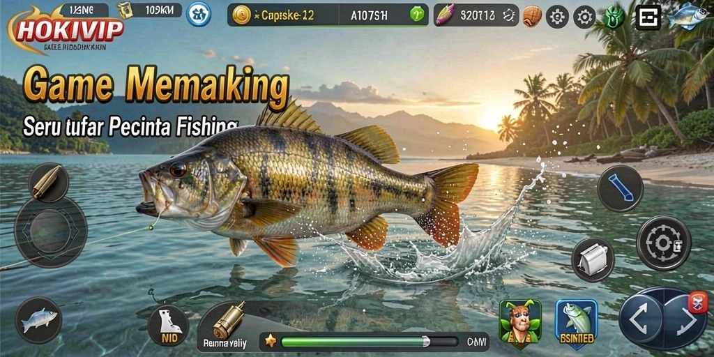 Screenshot gameplay HOKIVIP dengan berbagai ikan dan lokasi memancing.
