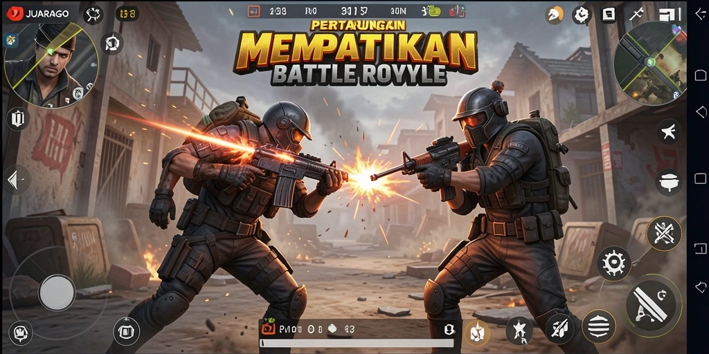 Tampilan gameplay JUARAGO dengan aksi seru di medan perang.