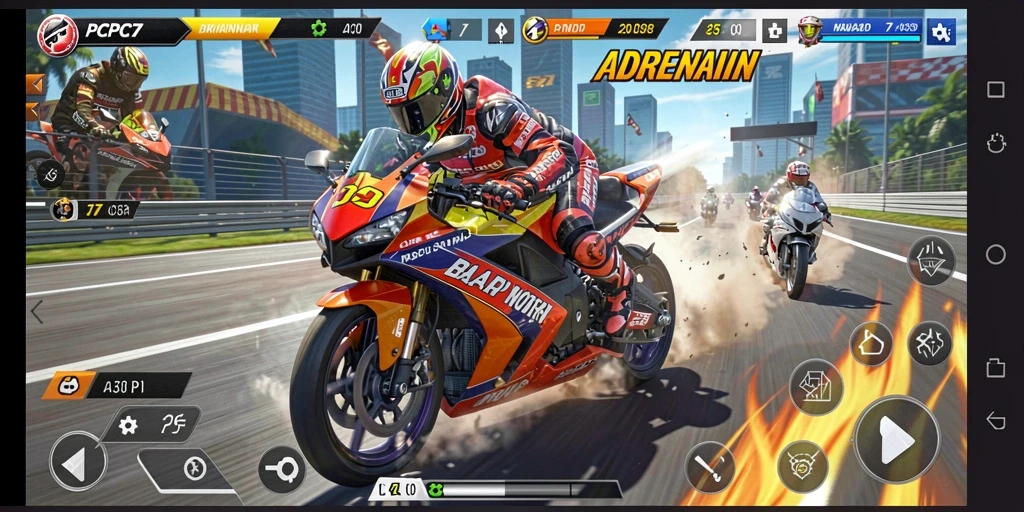 Tampilan menarik dari gameplay PCPC7 di balapan motor.