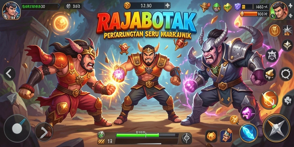 Screenshot gameplay RAJABOTAK yang menampilkan pertarungan seru dan karakter unik.