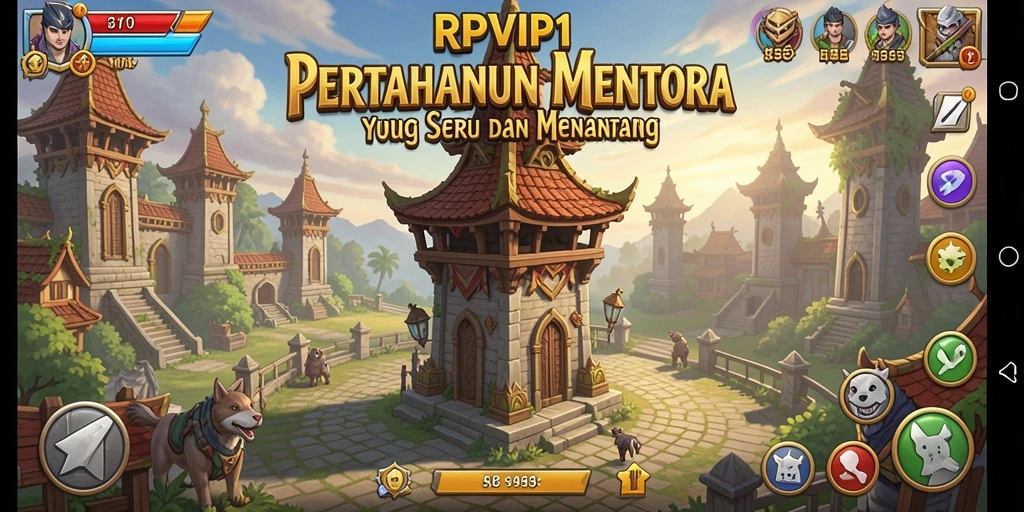 Tampilan layar permainan RPVIP1 dengan menara pertahanan aktif.