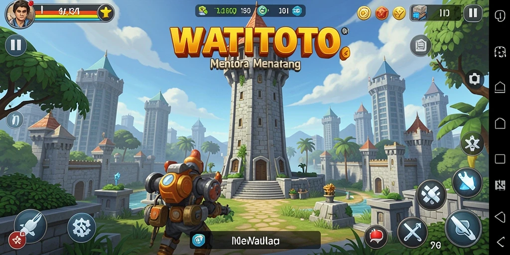 Tampilan gameplay WATITOTO yang penuh aksi di arena Tower Defense.